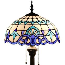 Tiffany Style Floor Lamp W16H64 Inch Tall White Blue Stained Glass Baroque Shade 2E26 Standing Reading Lighting Antique Base S003B WERFACTORY Lamps Lover Gift Bedroom Coffee Bedside Table Living Room