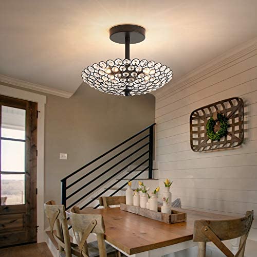 Bedroom Crystal Chandelier, 3 Light Semi Flush Mount Ceiling Light，Black Modern Chandelier Ceiling Light for Entryway, Foyer, Hallway, Living Room, Dining Room,Crystal Finish G9