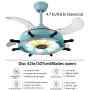 Lighting Groups 42 Inch Blue Reversible Ceiling Fan Lights Pirate Ship Steering Wheel LED Retractable Fan Chandelier for Kids Room Dining Room Livingroom Ceiling Lights Children Bedroom Stealth Ceiling Light with Fans (Blue)