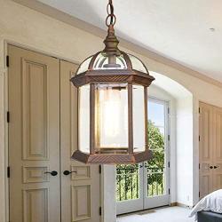 LITFAD Antique Bronze Lantern Ceiling Hanging Light with Clear Glass Shade 1 Bulb 8'' L Vintage Outdoor Waterproof Lighting Industrial Pendant Light for Dining Room Restaurant Bar Courtyard