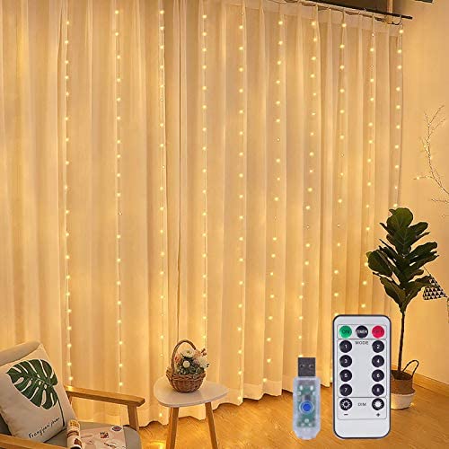 Window Curtain Lights, 8-Lighting Modes, 100-LED 9.8X9.8 Ft Dimmable String Lights with Remote, Christmas Twinkle Lights for Bedroom, Party, Wedding Decorations (Warm White) Window Curtain Lights, 8-Lighting Modes, 100-LED 9.8X9.8 Ft Dimmable String Lights with Remote, Christmas Twinkle Lights for Bedroom, Party, Wedding Decorations (Warm White)