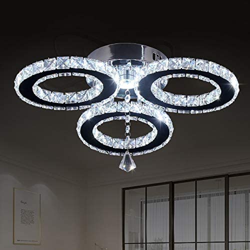 LED Crystal Pendant Ceiling Light 13x3.5 Inches 3 Rings Crystal Chandelier Flush Mount Lighting Fixture for Bedroom Hobby Living Room (Cool White)