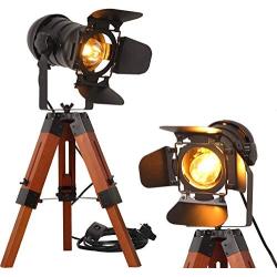 Modern Industrial Vintage Tripod Floor Table Lamp - Metal Wooden Nautical Cinema Standing Searchlight - Reading Light for Living Room Movie Theatre Decoration Adjustable Height (Black+Wood)