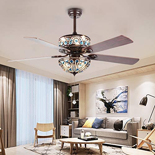 RainierLight Crystal Ceiling Fan Lamp LED Light for Bedroom/Living Room Hotel/Restaurant with 5 Premium Wood Reversible Blades Remote Control 52 Inch …