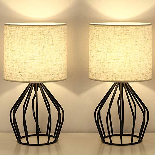 HAITRAL Modern Farmhouse Lamps - Black Metal Table Lamps with Hollowed Out Base , Bedside Lamps Set of 2 with Linen Fabric Lampshade for Bedrooms, Living Room