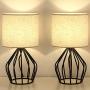 HAITRAL Modern Farmhouse Lamps - Black Metal Table Lamps with Hollowed Out Base , Bedside Lamps Set of 2 with Linen Fabric Lampshade for Bedrooms, Living Room