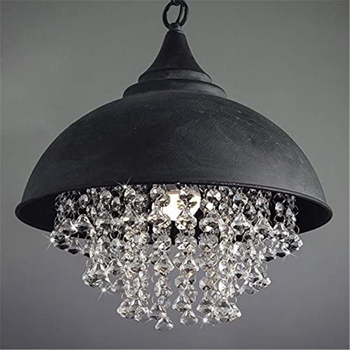 Industrial Ceiling Light, SUN RUN Creative Iron Shaded with Glittering Crystal Chandelier Vintage Metal Pendant Lamp for Dining Room Kitchen, 1-Light Fixture Using E26 Bulb, Black