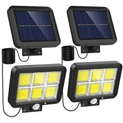 Solar Lights Outdoor Motion Sensor w/ 240 Bright COB LED, 16.4Ft Cable, 3 Lighting Modes, Adjustable Solar Panel. Wired Security Solar Powered Flood Lights for Indoor & Outside Yard(5500K, 2 Set)