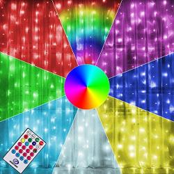 Twinkle Star 300 LED Window Curtain Lights, Christmas Rainbow RGB Color Changing 64 Functional Backdrop Light with Remote, Colorful Icicle String Light for Wedding, Party, Outdoor Indoor Decor