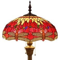 Tiffany Style Floor Standing Lamp W16H64 Inch Tall Red Yellow Stained Glass Crystal Dragonfly Shade 2E26 Antique Reading Lighting Resin Base S328 WERFACTORY LAMPS Bedroom Living Room Table Lover Gifts