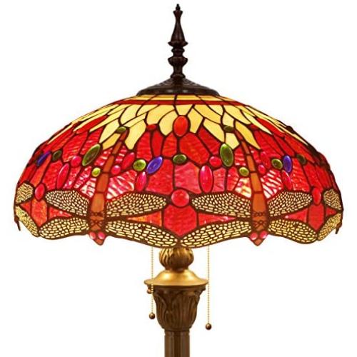 Tiffany Style Floor Standing Lamp W16H64 Inch Tall Red Yellow Stained Glass Crystal Dragonfly Shade 2E26 Antique Reading Lighting Resin Base S328 WERFACTORY LAMPS Bedroom Living Room Table Lover Gifts