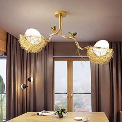 LITFAD 2 Lights Woven Nest Chandelier Light Contemporary Metal and White Glass Pendant Lamp with Bird Accents Creative LED Hanging Ceiling Light Fixtur for Dining Room Living Room Restaurant