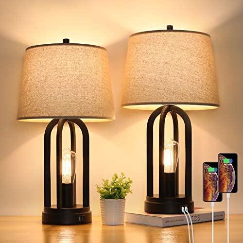 Touch Bedside Table Lamps with Rotary Switch Set of Two, 3-Way Dimmable Bedroom Living Room Lamps with USB Charging Ports, Industrial Nightstand Lamp with Fabric Lampshade for Reading, Bulbs Included