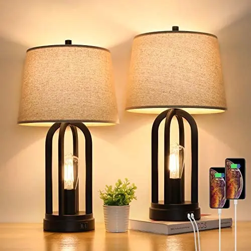 Touch Bedside Table Lamps with Rotary Switch Set of Two, 3-Way Dimmable Bedroom Living Room Lamps with USB Charging Ports, Industrial Nightstand Lamp with Fabric Lampshade for Reading, Bulbs Included
