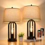 Touch Bedside Table Lamps with Rotary Switch Set of Two, 3-Way Dimmable Bedroom Living Room Lamps with USB Charging Ports, Industrial Nightstand Lamp with Fabric Lampshade for Reading, Bulbs Included