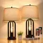 Touch Bedside Table Lamps with Rotary Switch Set of Two, 3-Way Dimmable Bedroom Living Room Lamps with USB Charging Ports, Industrial Nightstand Lamp with Fabric Lampshade for Reading, Bulbs Included