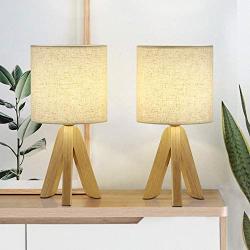 Wooden Tripod Table Lamps Set of 2 with Rustic Linen Fabric Shade Small Bedside Nightstand Lamps for Dresser Bedroom Living Room College Dorm Office Hotel