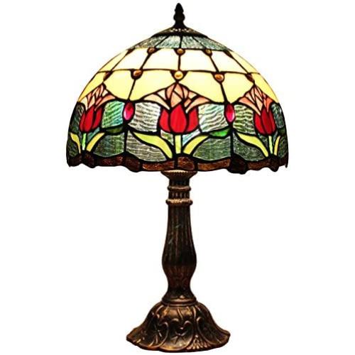 Bieye L10639 Tulip Flower Tiffany Style Stained Glass Table Lamp Night Light with 12 inches Wide Lampshade Metal Base for Bedside Bedroom Living Room, 18 inches Tall