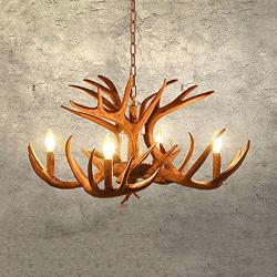 LAKIQ Rustic Vintage Resin Hanging Chandelier Lighting Fixture with Deer Horn Shape 4/6 Lights Antique Farmhouse Pendant Ceiling Light Candle Shape for Dining Room Living Room Restaurant (4 Lights)