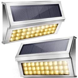 Upgraded 30 LED Solar Step Lights JACKYLED Outdoor Solar Stair Lights Waterproof Solar Powered Deck Lights Stainless Steel 3000K Warm Light Security Lights for Path Fence Patio Wall Dock 2-Pack