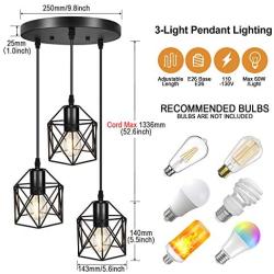 Industrial 3-Light Pendant Lighting, Adjustable Hanging Light Fixtures, Vintage Farmhouse Pendant Light with Metal Caged E26 Base for Kitchen Island Dining Room Living Room Hotel Shop and Bar, Black