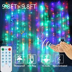 Curtain Lights Voice Activated, LEDGLE Rainbow Twinkle String Lights 300 LED, Fairy Window Decorative Dimmable Christmas Lights, USB Powered 4 Sound Control & 8 Lighting Modes IP44 (Multi Color)