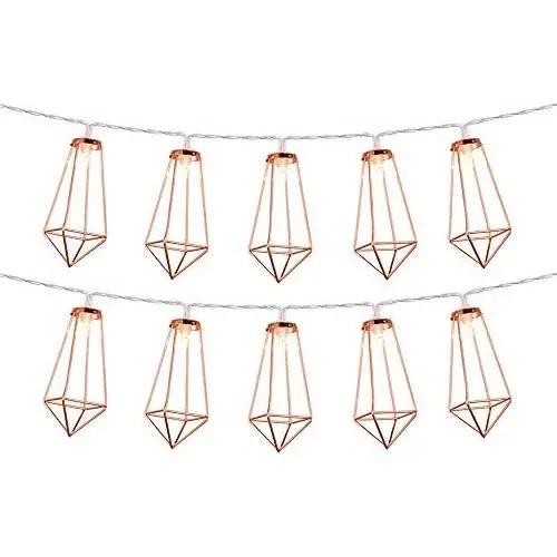 Omika Rose Gold Geometric Fairy Lights, USB & Battery Powered, 10 LED Metal Lantern String Lights for Girls Bedroom, Bridal Shower Decorations & Boho Home Decor (5ft/1.8m Warm White)