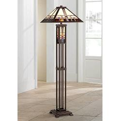 Mission Floor Lamp Art Deco with Nightlight Oiled Bronze Stained Glass Shade for Living Room Reading Bedroom - Robert Louis Tiffany
