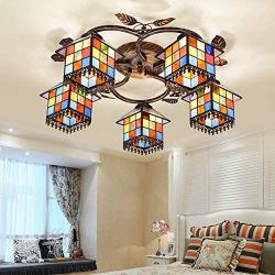 LITFAD Art Glass Lodge Shade 5-Light Semi Flush Ceiling Fixture Tiffany Style Ceiling Lamp with Leaves Accent Distressed Bronze Canopy 110V-120V Ceiling Hanging Light for Living Room Bedroom Hotel