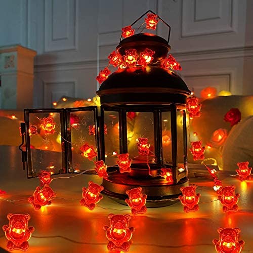 TURNMEON 10Ft 40Led Valentines Day Lights Bear Heart String Lights Valentines Decorations Lights Copper Wire Battery Operated Fairy Light Bedroom Home Indoor Outdoor Valentines Decor(Red Light)
