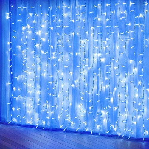 Blue Curtain Lights, 8 Modes Fairy String Lights, Window and Wall Decorations for Garden, Room