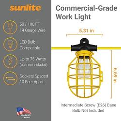 Sunlite EX100-14/2/SL Commercial-Grade Cage String, 100-Feet, 10 Medium Base Sockets (E26), Indoor, Outdoor, Construction Lighting, ETL Listed, 100 Foot, Yellow