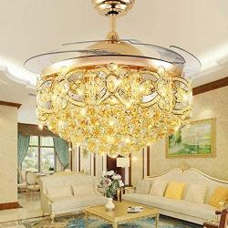 Lighting Groups 42'' Retractable Clear Blades Fan and Chandelier with Lights and Romote Control Modern Crystal Ceiling Fan for Indoor Living Dining Room Bedroom Ceiling Light Kits (42 Inch, Gold A)