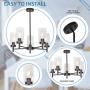 VINLUZ 5 Light Contemporary Chandeliers Black Modern Lighting Fixtures Hanging,Industrial Vintage Pendant Lights with Clear Glass Shade Flush Mount Ceiling Light for Dining Room Bedroom