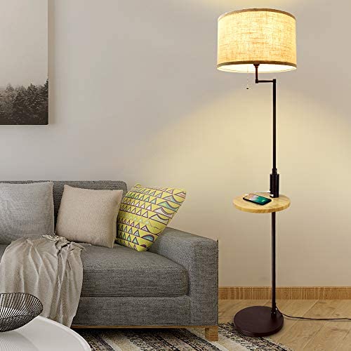 DLLT Living Room LED Floor Lamp- Standing Accent Light with USB Charging Port, Energy Saving, Tall Pole Lighting with Beside Table, Mid Century Contemporary Rooms Lamps, E26 Warm Lights,Fabric Shade