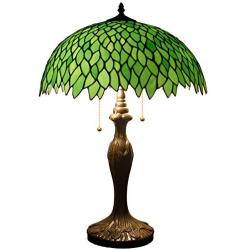 Tiffany Style Table Lamp Stained Glass Bedside Desk Light W16H24 Inch Tall Green Wisteria Lampshade Antique Base S523 WERFACTORY LAMPS Lover Parent Friend Kid Living Room Bedroom Coffee Bar Craft Gift