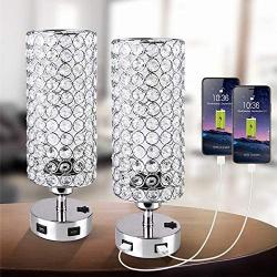 Focondot USB Crystal Table Lamp with Press Switch,Stylish Nightstand Lamps with Dual USB Charging Port,Silver Bedside Lamp Perfect for Bedroom Living Room Office Guest Room(Set of 2)