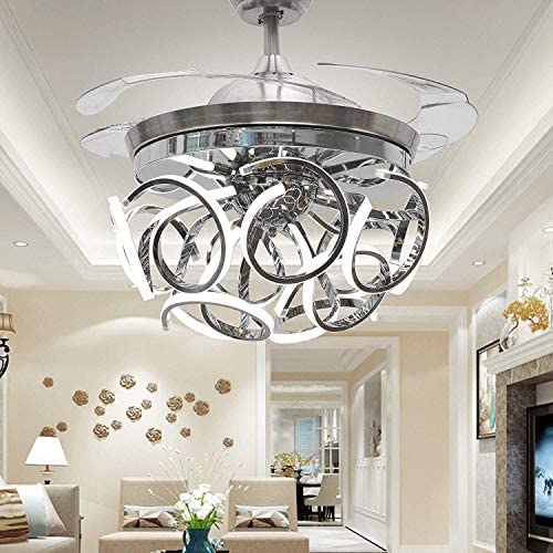 Orillon 42 Inch Modern Spiral Ceiling Fan Light Polished Silver Indoor LED Reverse Chandelier Fan 3 Color Changing Retractable Ceiling Light Remote for Indoor Living Dining Room 6 Gear Speed