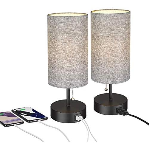 Bedside Table Lamp, ELYONA Nightstand Lamps with 2 USB Charging Ports & Power Outlet, Modern Gray Desk Lamp Ideal for Bedroom Living Room, Office, Kids Room - Set of 2