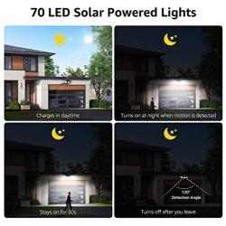 LE Solar Lights Outdoor, Motion Sensor Security Lights, 3 Adjustable Head 70 LED 270° Wide Angle, Waterproof Wireless Wall Lights for Porch Yard Garage Pathway and More