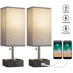 BOBOMOMO USB Table Lamp Set of 2 Bedside Lamps 15.5 with 2 USB Charging Ports & 2 Power Outlet Nightstand Lamp for Bedroom Living Room Study Room (Black&Gray)