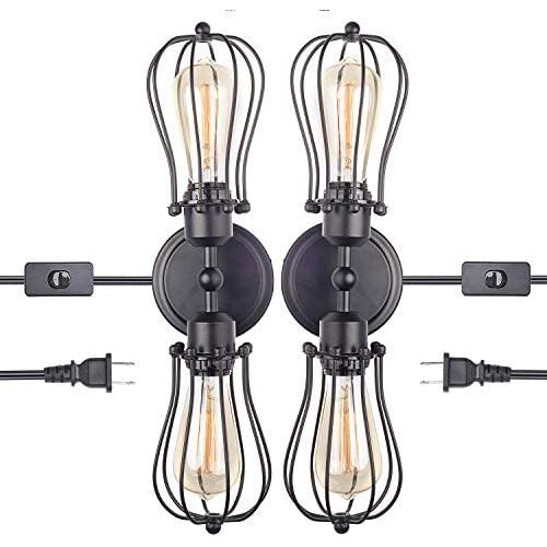 Stepeak Industrial Wall Sconces,Wire Cage Wall Lamp with 6ft Plug-in Cord and On/Off Toggle Switch,Oil Rubbed Metal Vanity Light Fixture for Bathroom Bedroom Living Room Kitchen -Pack of 2