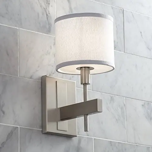 Orson Modern Wall Lamp Satin Nickel Hardwired 13 1/2'' High Fixture White Drum Shade for Bedroom Reading Living Room Hallway - Possini Euro Design
