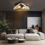 Rustic Industrial Flush Mount Ceiling Light Fixture,Two-Light Metal and Wood Square Flush Mount Ceiling Light for Living Room, Bedroom, Kitchen, Hallway, Dining Room，Porch，Antique Gold &Black