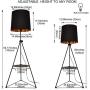 Contemporary Industrial Black Shade Tripod Floor Lamp with Shelves- Modern Mid Century Design Standing Light with Metal Legs - Adjustable Height Reading Light for Living Room Bedside Office