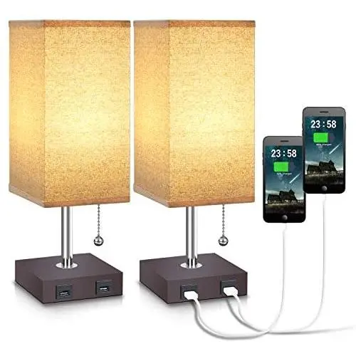USB Table Desk Lamp, Acaxin Bedside Lamp with Dual USB Quick Charge Port, Wood Desk Lamp, Black Charger Base with Unique Fabric Shade, LED Light Nightstand Desk Lamps for Bedroom Living Room Set of 2