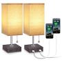 USB Table Desk Lamp, Acaxin Bedside Lamp with Dual USB Quick Charge Port, Wood Desk Lamp, Black Charger Base with Unique Fabric Shade, LED Light Nightstand Desk Lamps for Bedroom Living Room Set of 2