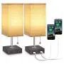 USB Table Desk Lamp, Acaxin Bedside Lamp with Dual USB Quick Charge Port, Wood Desk Lamp, Black Charger Base with Unique Fabric Shade, LED Light Nightstand Desk Lamps for Bedroom Living Room Set of 2