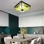 LITFAD Art Glass Square Flush Mount Ceiling Light Dining Table Tiffany Antique LED Ceiling Lamp Pendant Lighting in Green for Dining Room Bedroom Corridor - 11'' (28 cm)