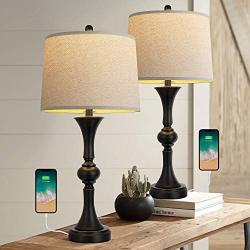 Oneach Traditional Table Lamps Set of 2 with USB Charging Port for Living Room 29.25“ Nightstand Lamp for Bedroom Bedside Table Lamp with Neutral Drum Shade Black
